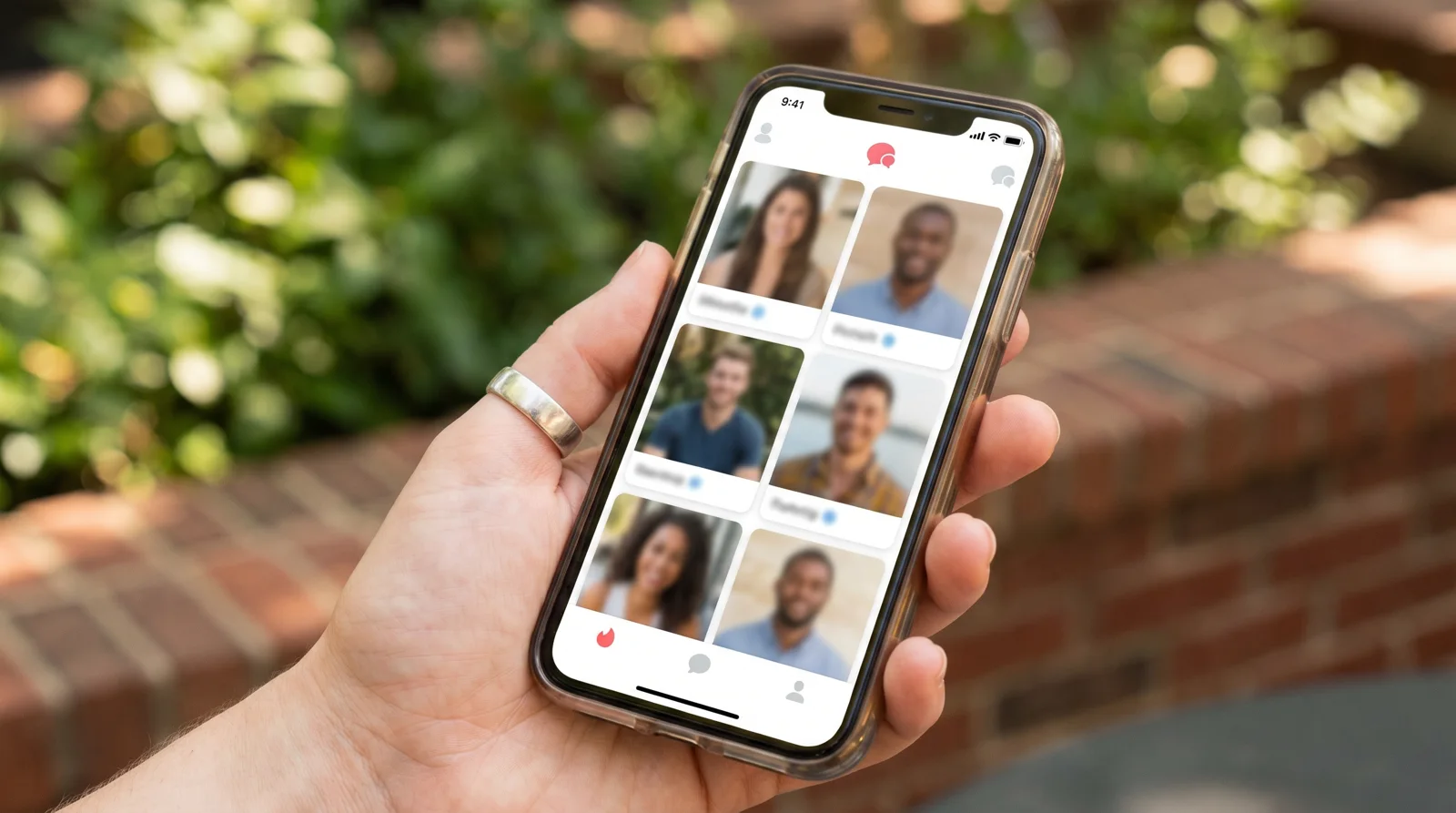 Hand holding a phone with a dating app open on a sunny Atlanta patio with green trees behind