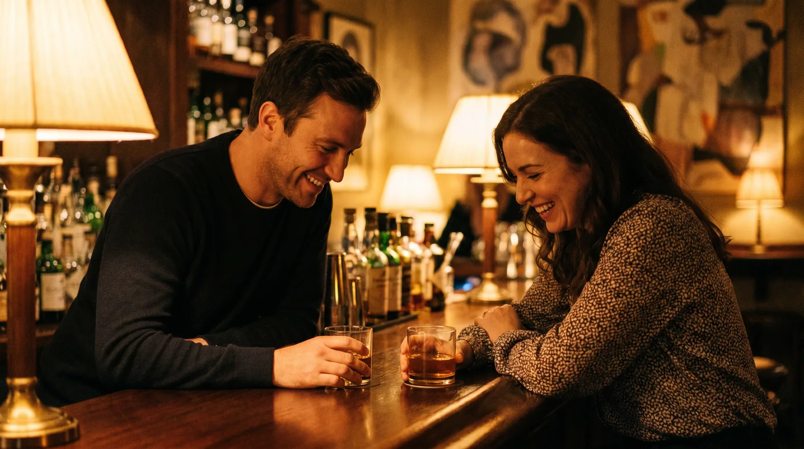 Man and woman laughing together over cocktails at a dimly lit Atlanta cocktail bar