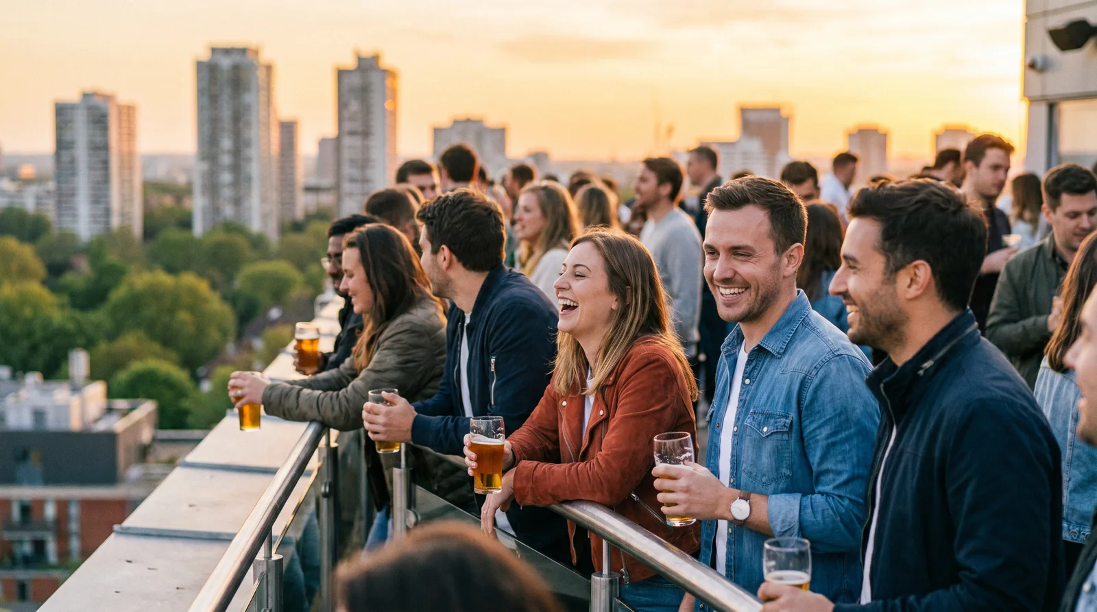 People chatting with drinks at a lively Atlanta rooftop bar at sunset with the skyline behind