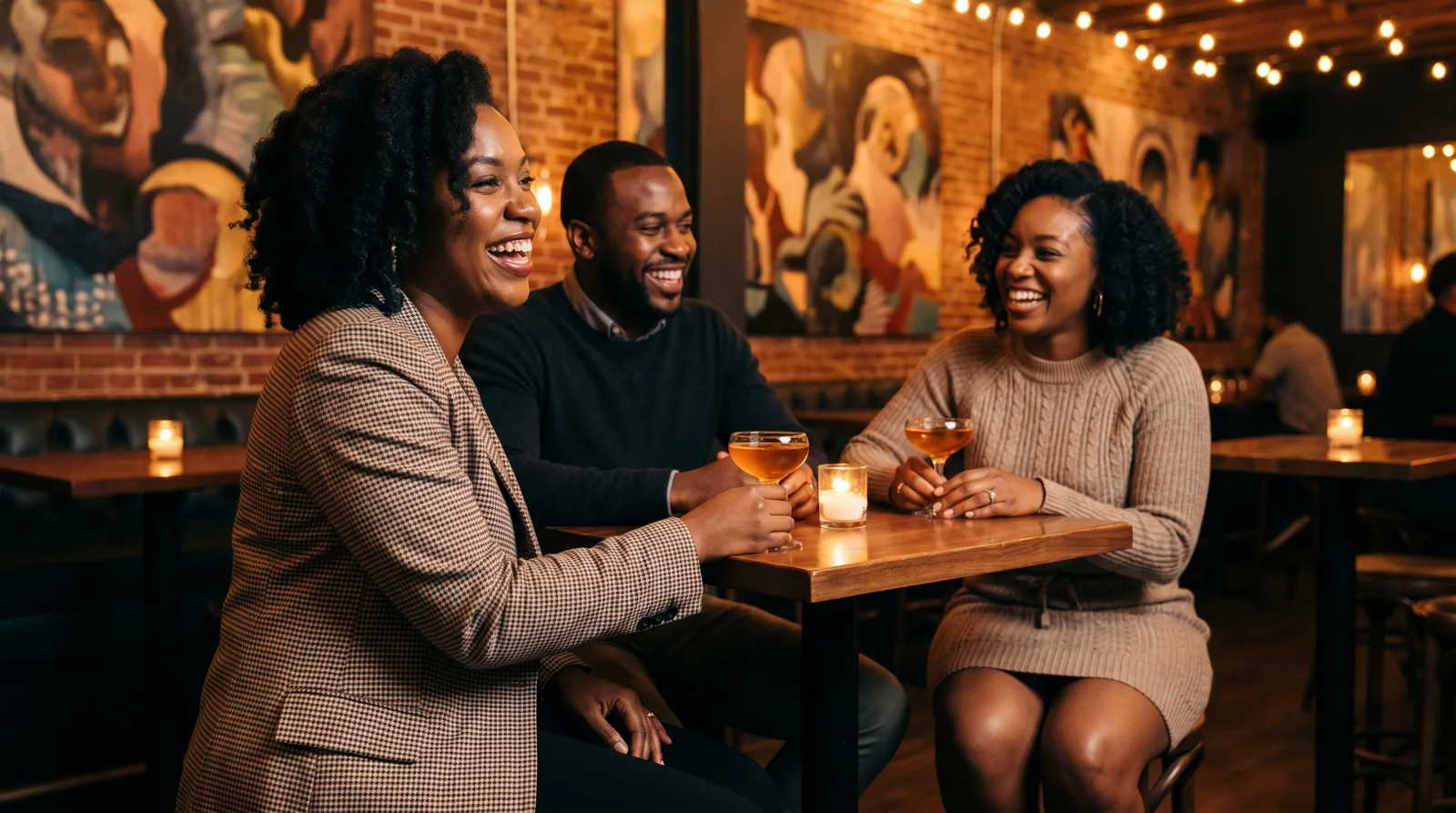 Well-dressed Black professionals laughing over cocktails at an upscale Atlanta lounge