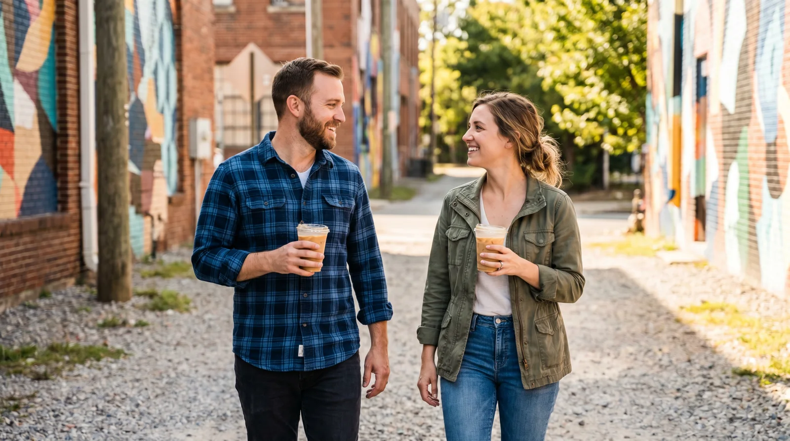 Man and woman on a relaxed daytime date walking along the Atlanta BeltLine with murals and greenery