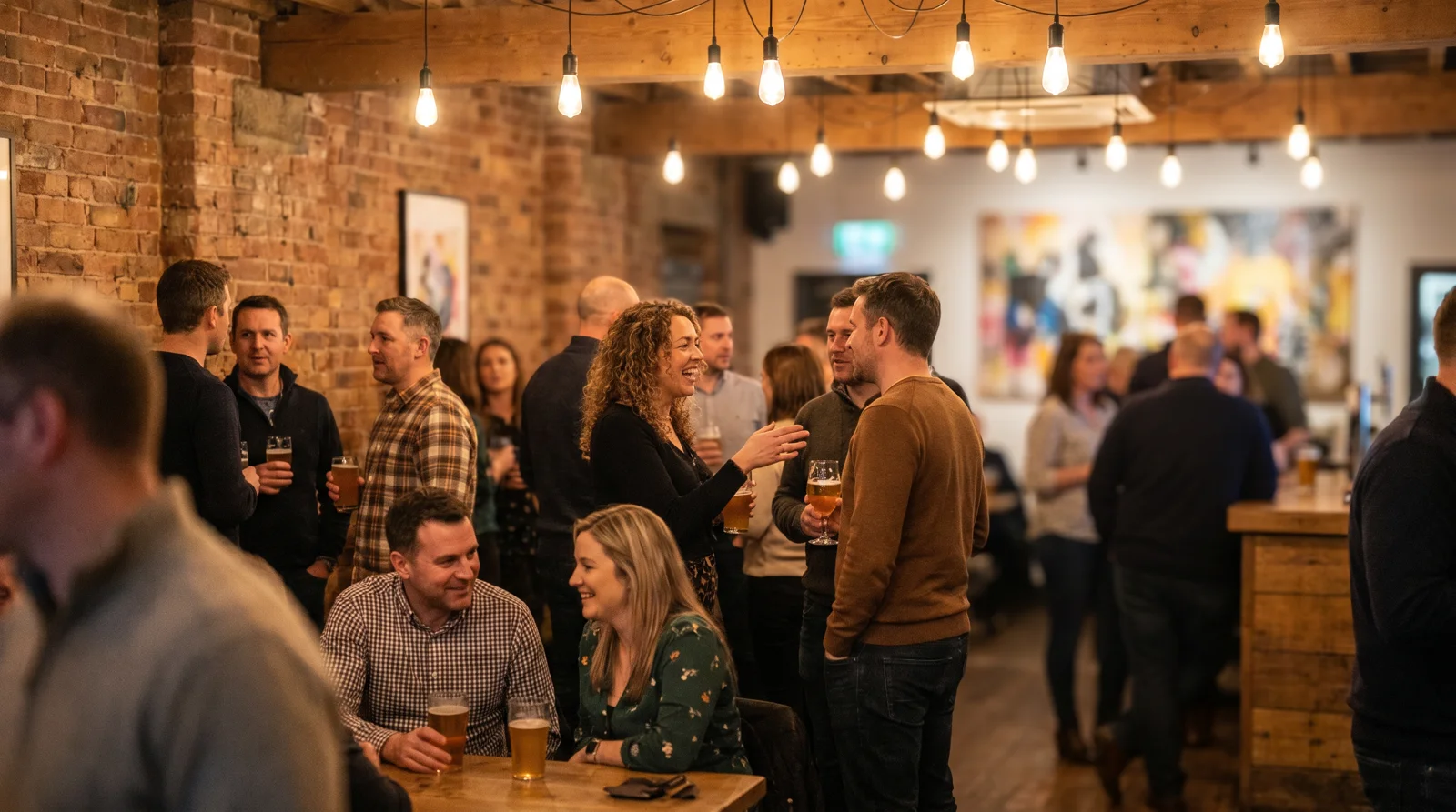 People mingling with drinks at a lively indoor singles mixer under string lights