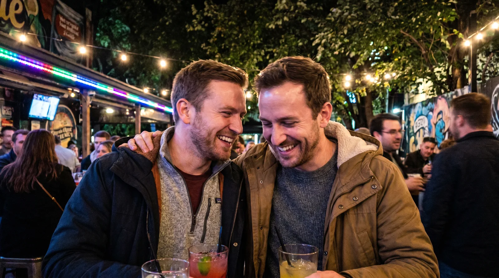 Two men laughing over cocktails at a stylish colorful bar
