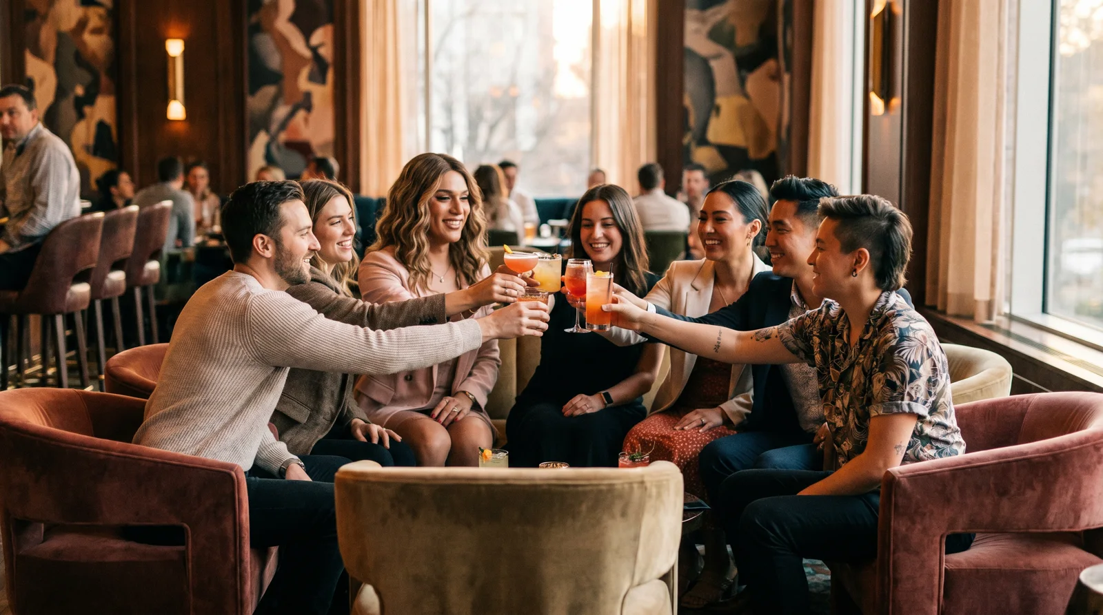 Diverse group of friends toasting with cocktails at a warm upscale lounge