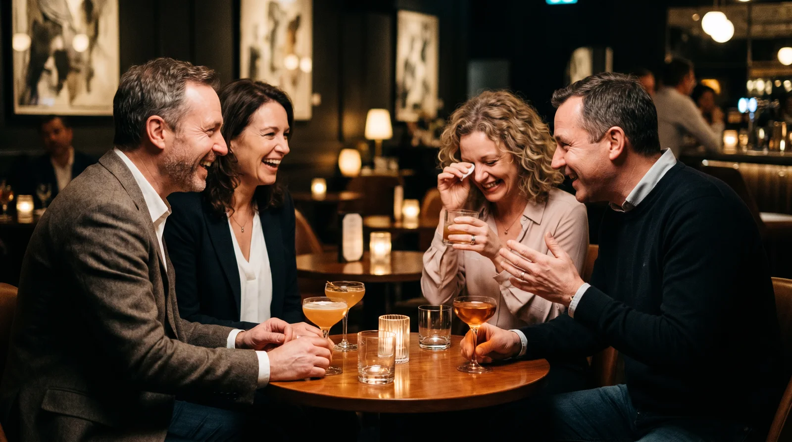 Well-dressed people in their 40s and 50s laughing over cocktails at an upscale lounge