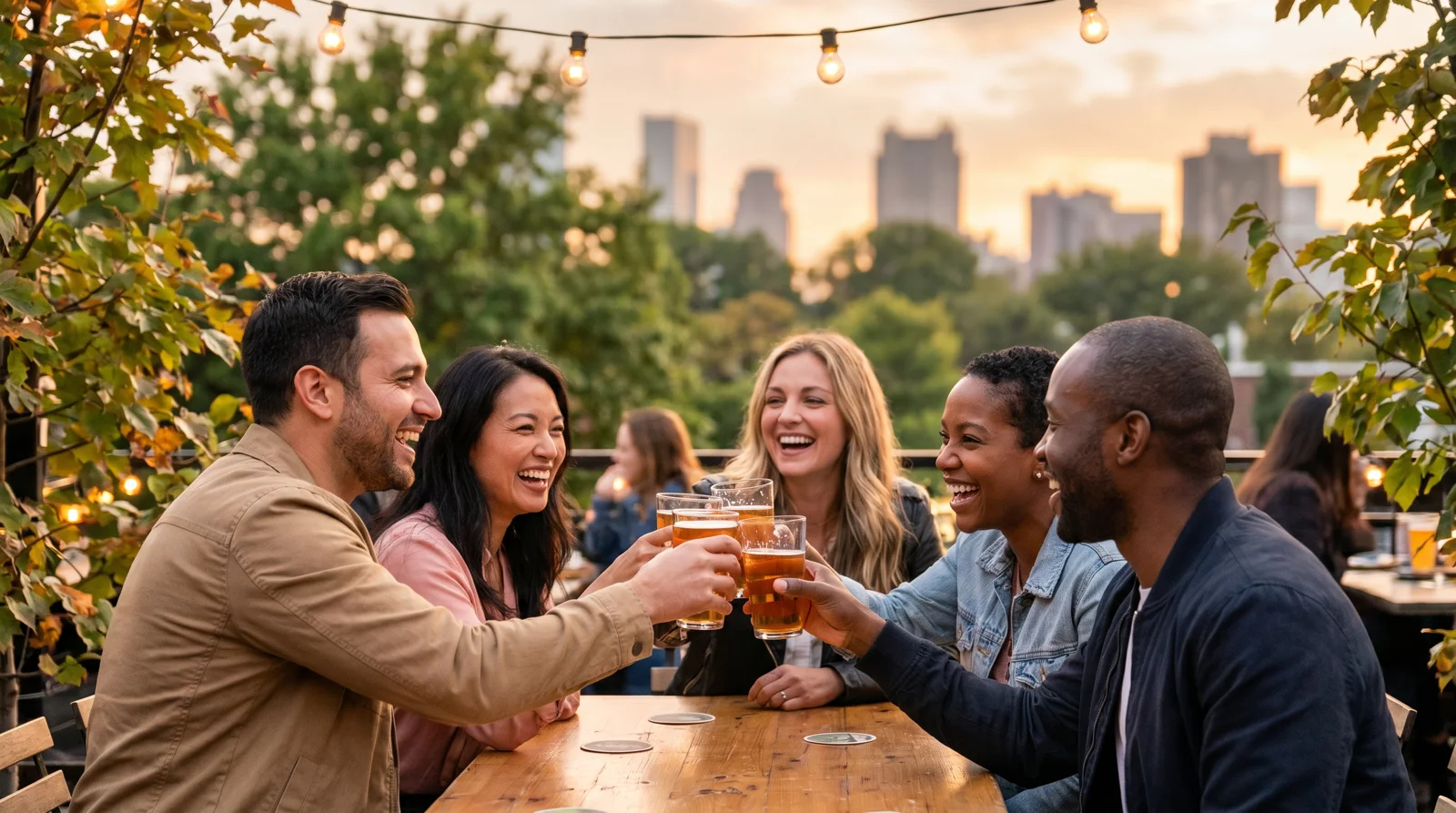 Young professionals socializing on a leafy Atlanta patio with the Midtown skyline behind the trees