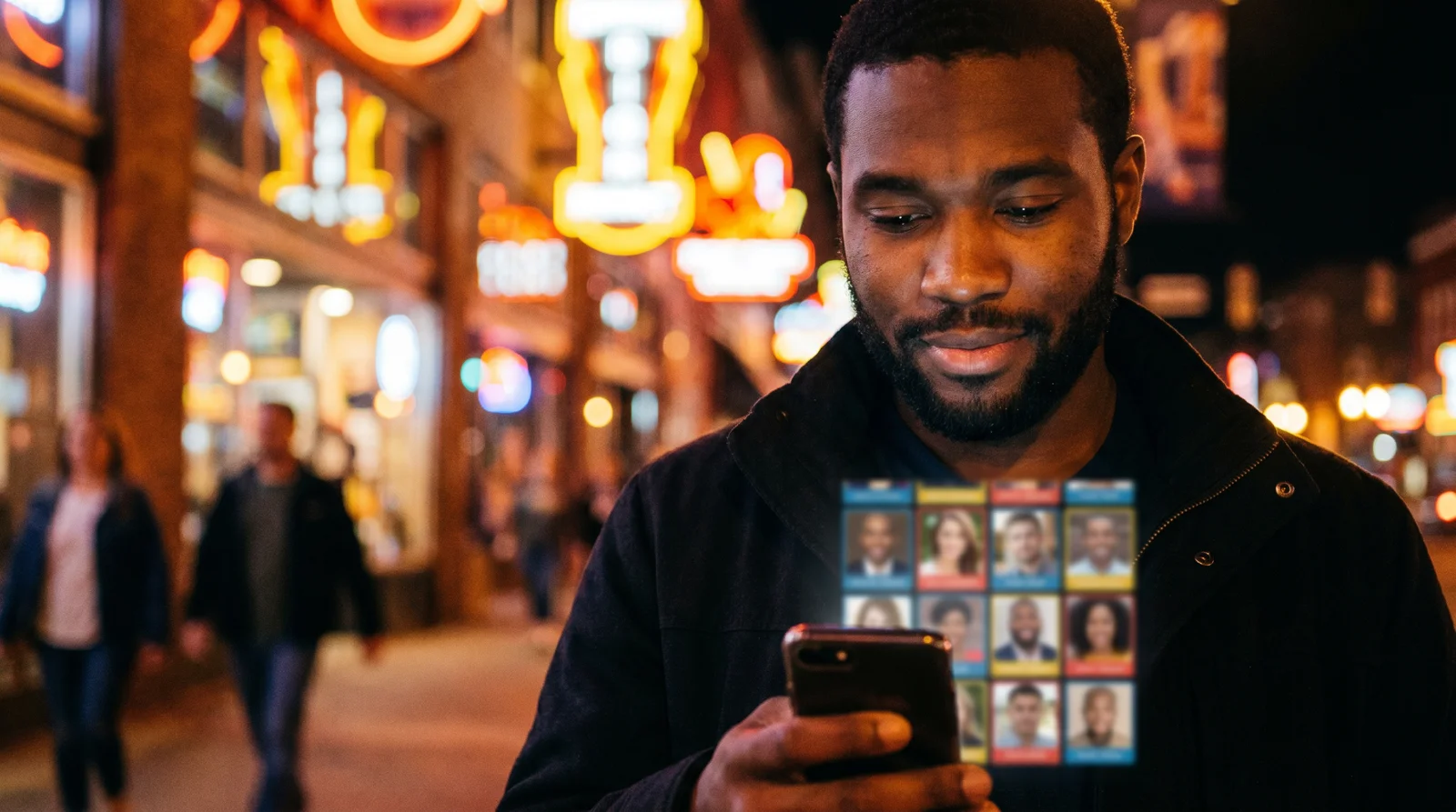 Man browsing dating profiles on a phone at night on a warm-lit Atlanta street with glowing signs behind him
