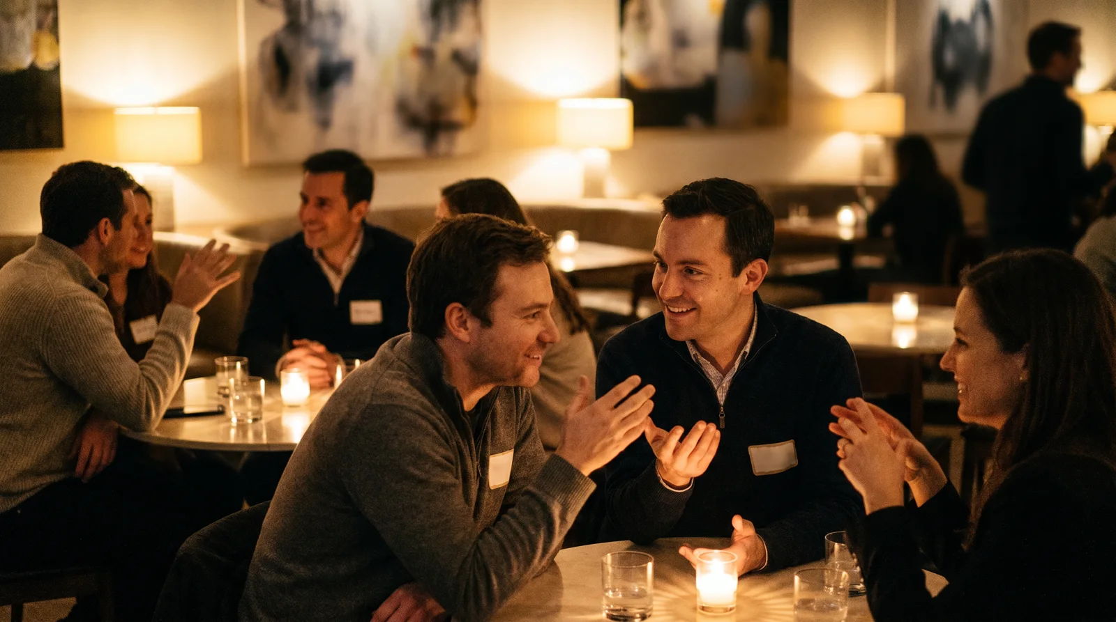 Pairs of people in conversation at small candlelit tables during a speed dating event