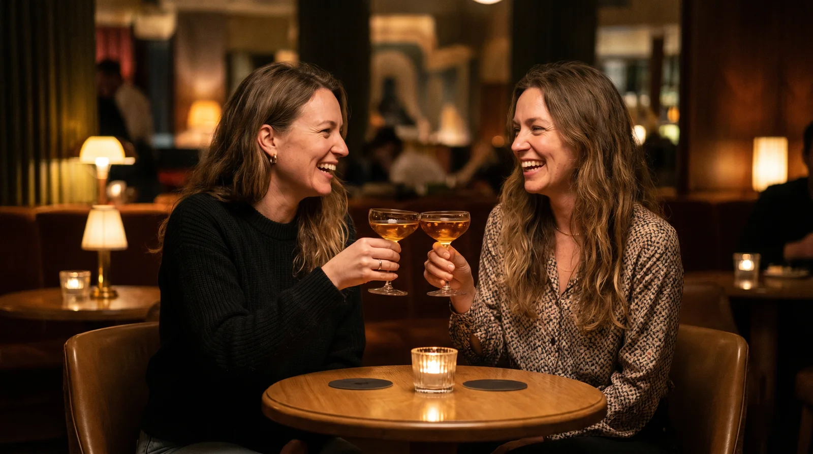 Stylish women having cocktails and laughing at a warm-lit Atlanta lounge