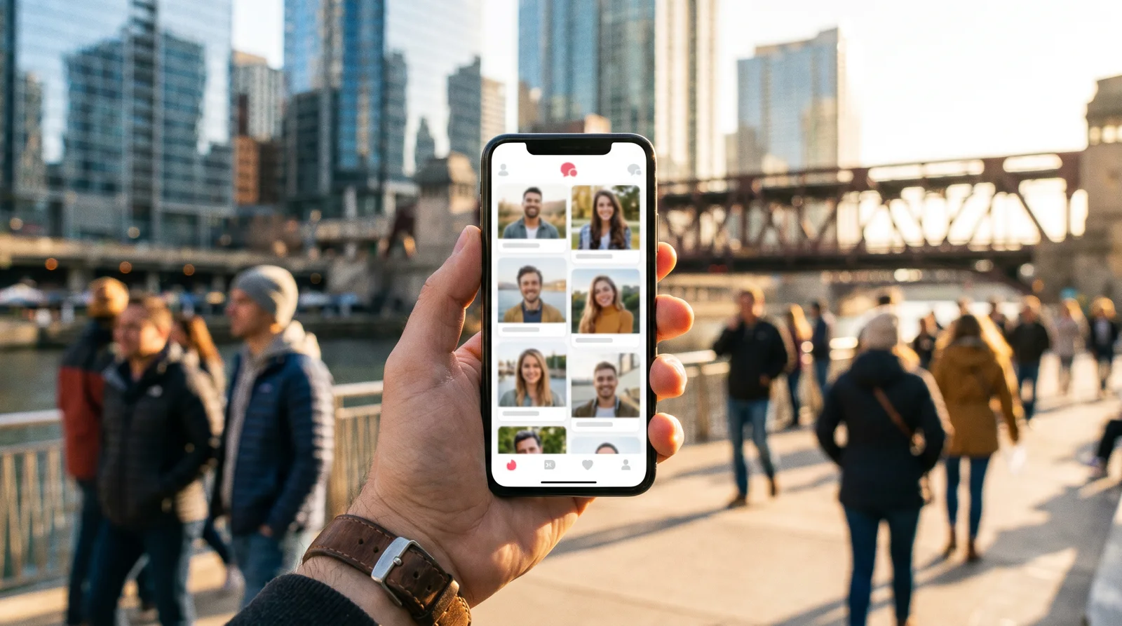 Hand holding a phone with a dating app open on a Chicago riverwalk with skyscrapers behind