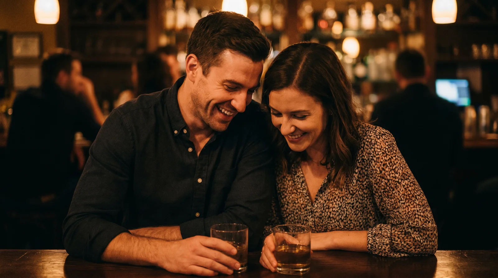 Man and woman laughing together over cocktails at a dimly lit Chicago cocktail bar