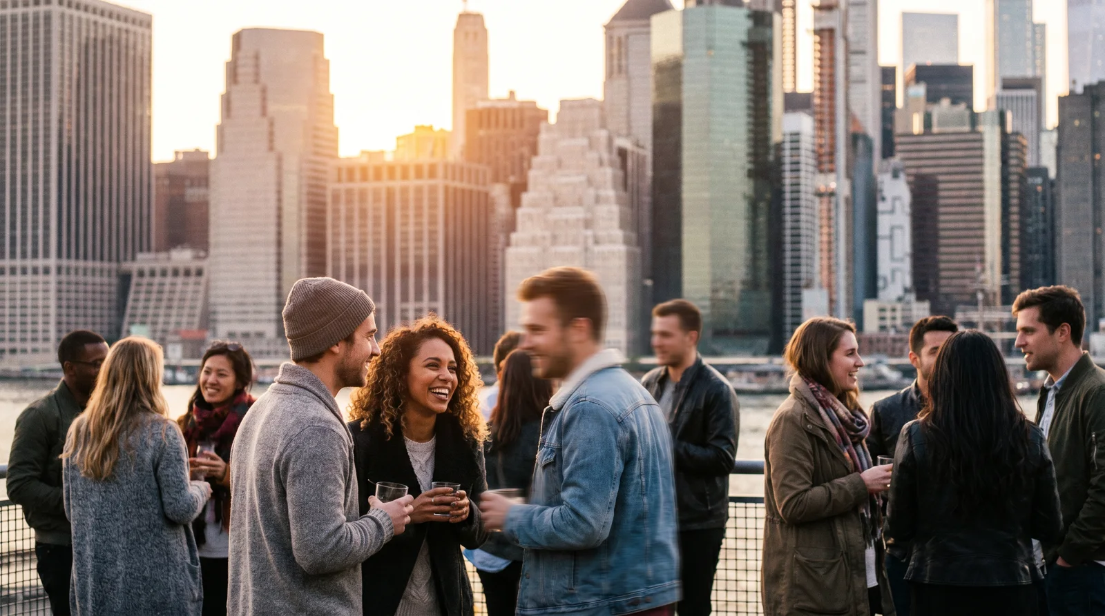 People chatting with drinks at a lively Chicago rooftop bar at sunset with the skyline behind