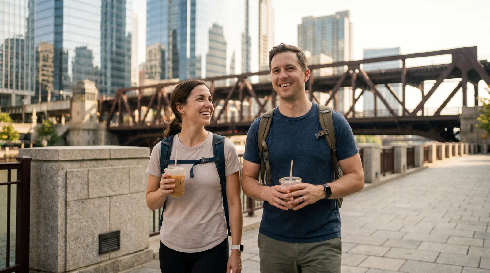 Man and woman on a relaxed daytime date walking along the Chicago riverwalk with the skyline above