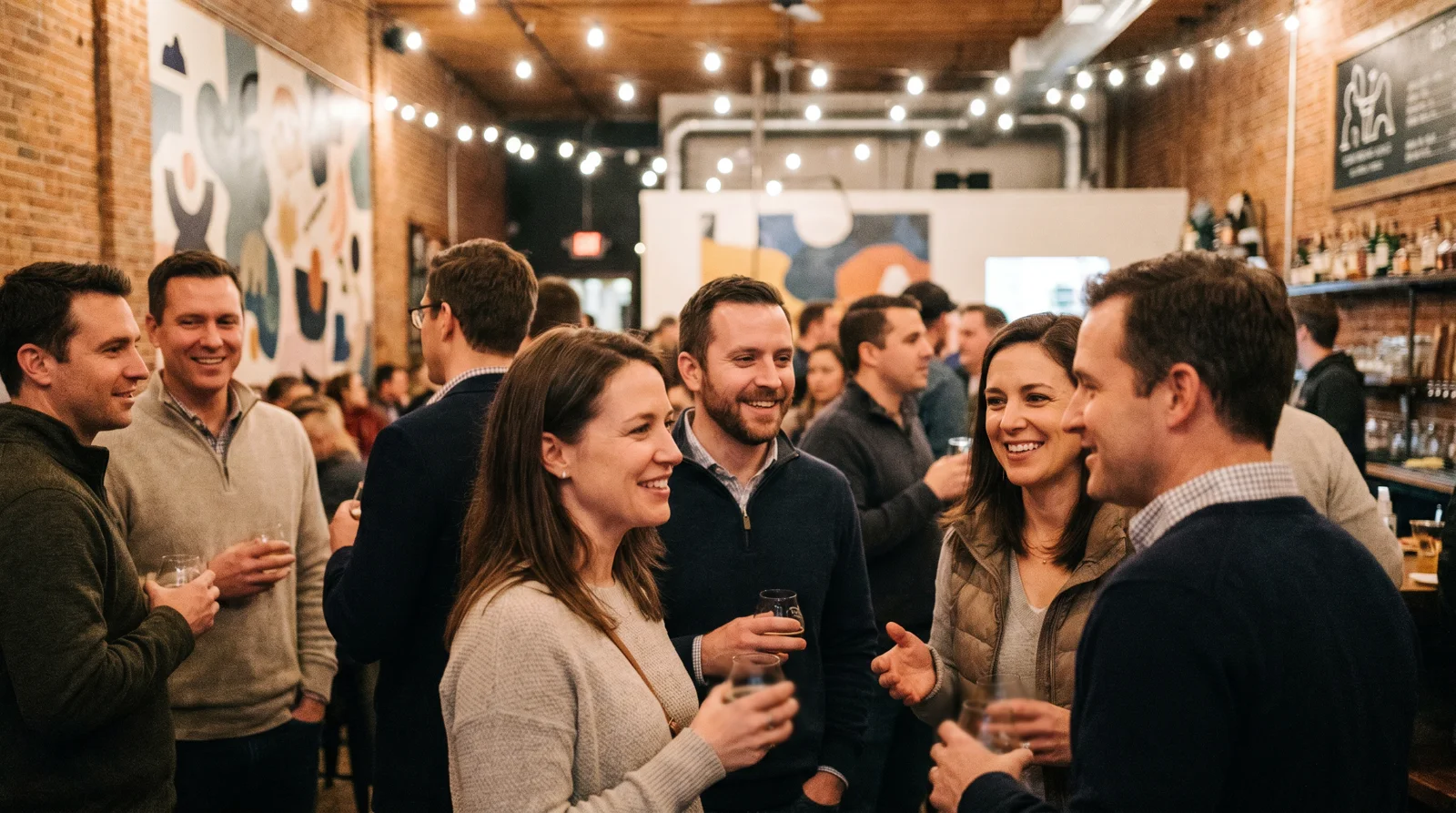 People mingling with drinks at a lively indoor singles mixer under string lights