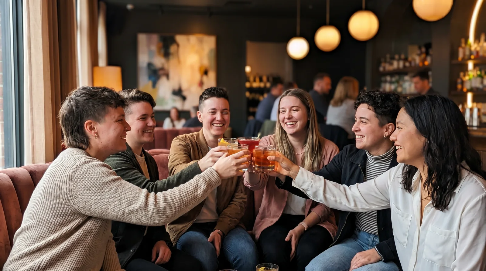 Diverse group of friends toasting with cocktails at a warm upscale lounge
