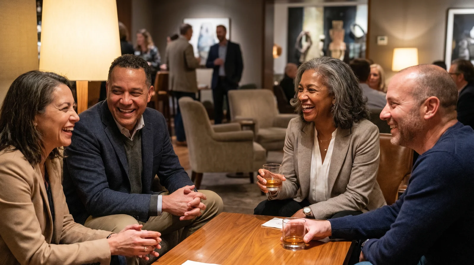 Well-dressed people in their 40s and 50s laughing over cocktails at an upscale lounge