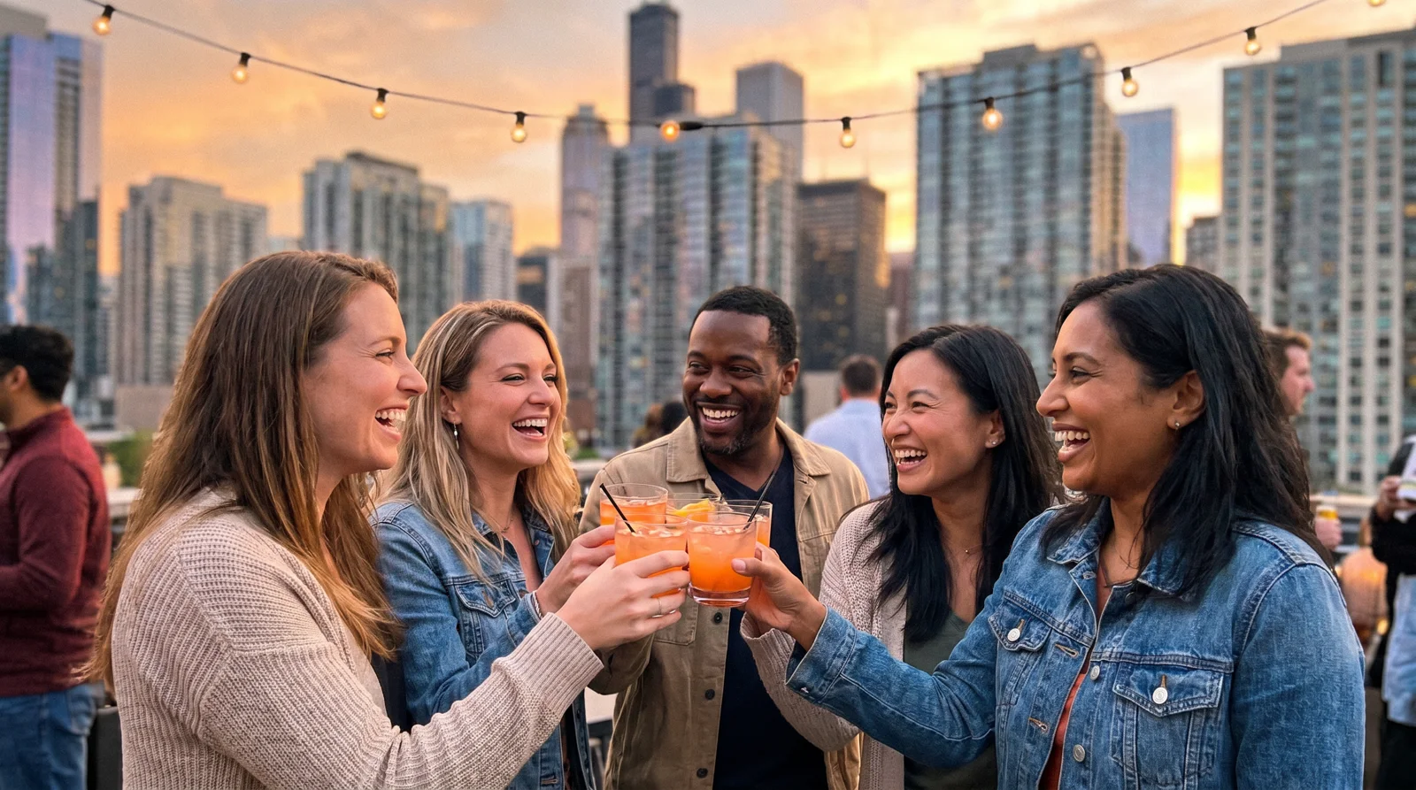 Young professionals socializing with drinks on a Chicago rooftop patio with the skyline behind them