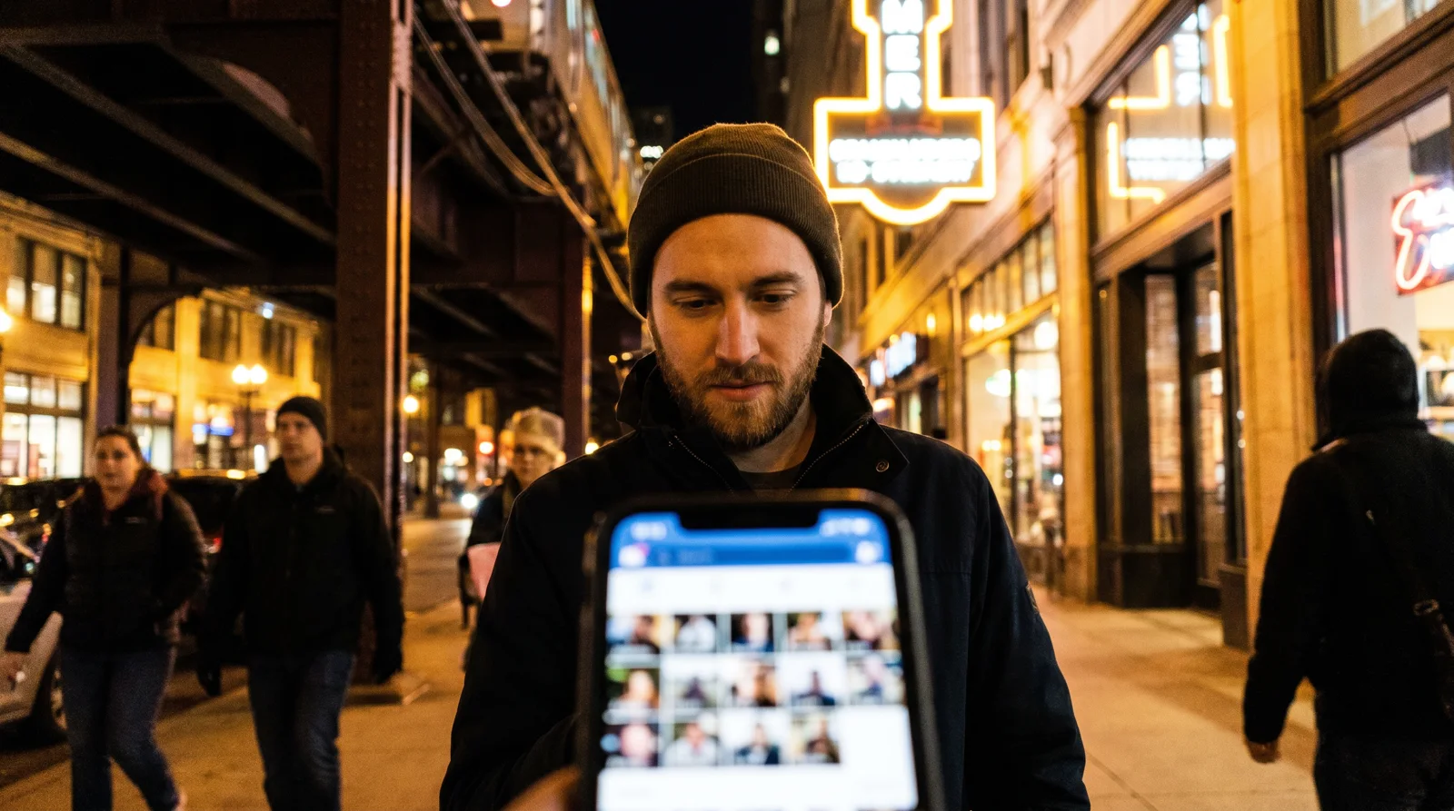 Man browsing dating profiles on a phone at night on a Chicago street with the L tracks and city lights behind him