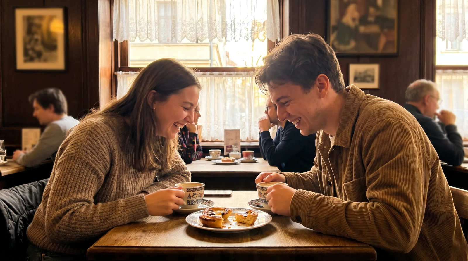 Young couple laughing over coffee and pastries at a warm European-style cafe
