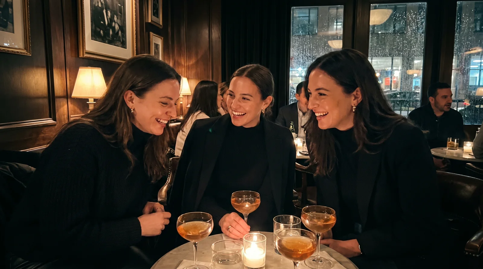 Stylish women having cocktails and laughing at a warm-lit Chicago lounge