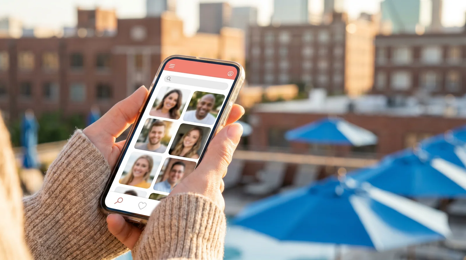 Hand holding a phone with a dating app open on a sunny Dallas rooftop patio