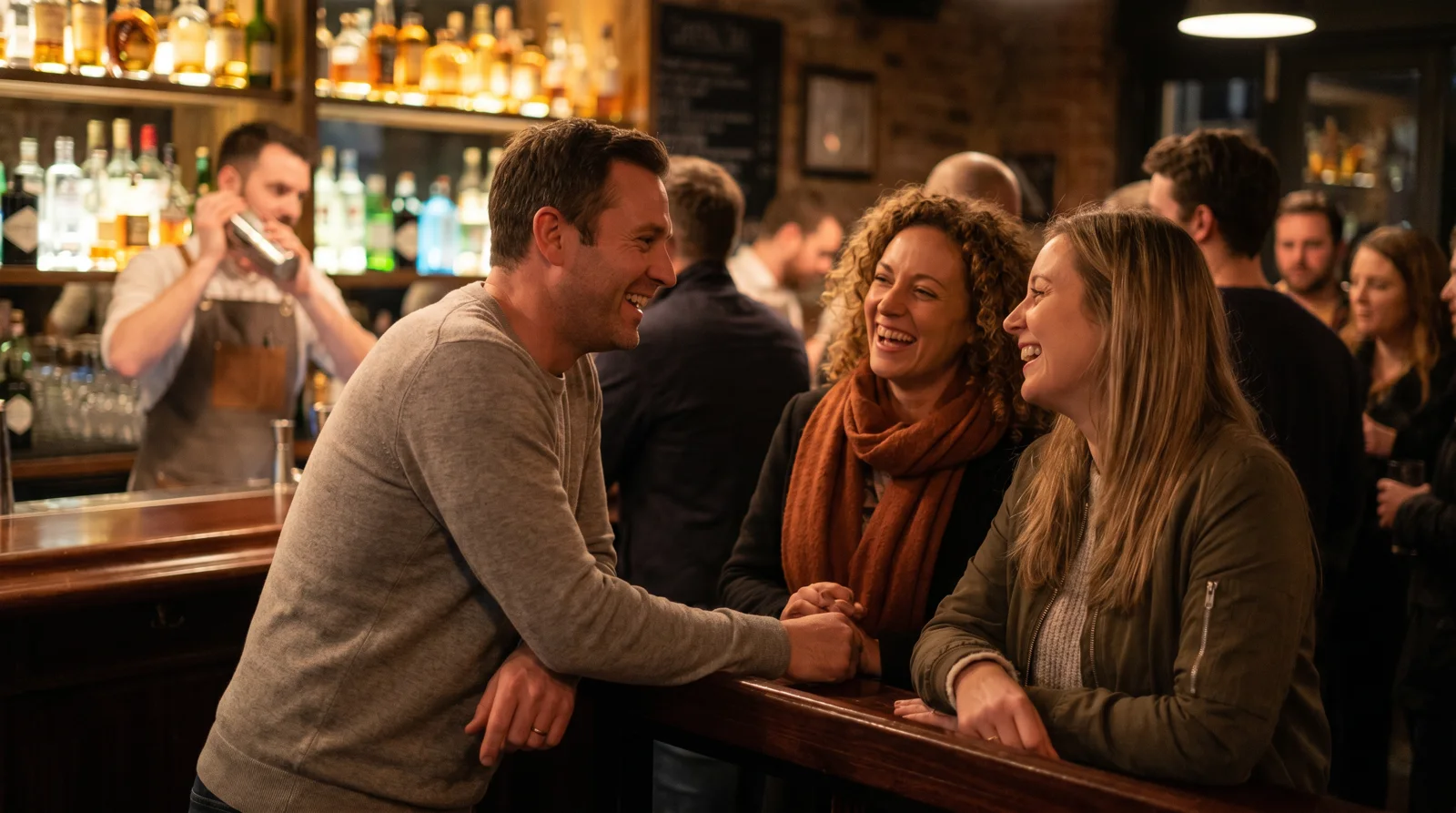 People chatting at the bar rail of a stylish cocktail bar at night