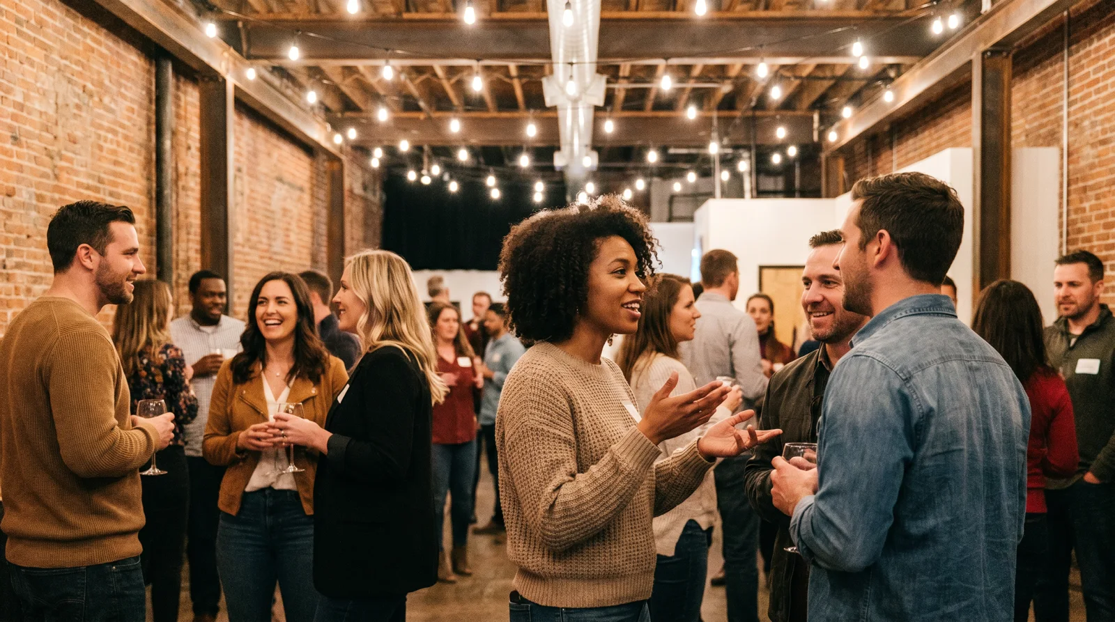 People mingling with drinks at a lively indoor singles mixer under string lights