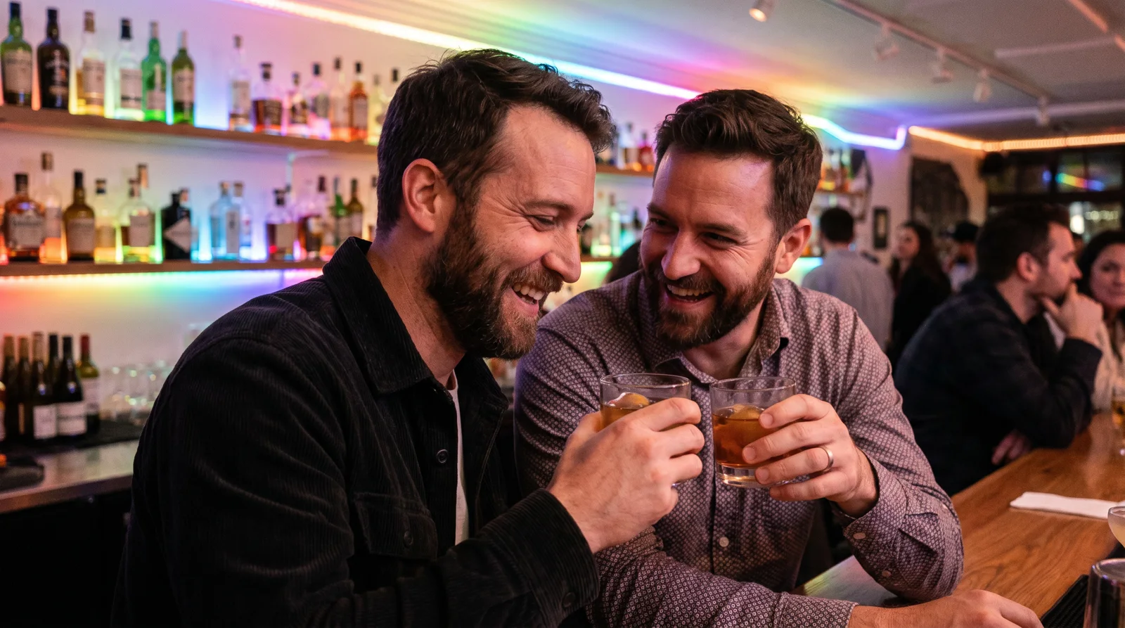 Two men laughing over cocktails at a stylish colorful bar