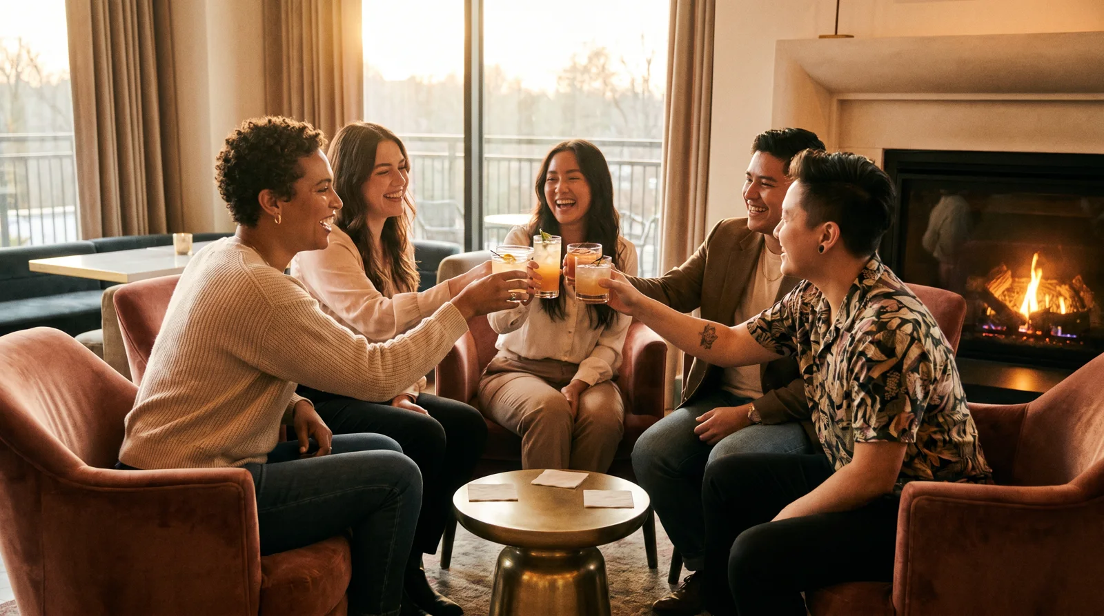 Diverse group of friends toasting with cocktails at a warm upscale lounge