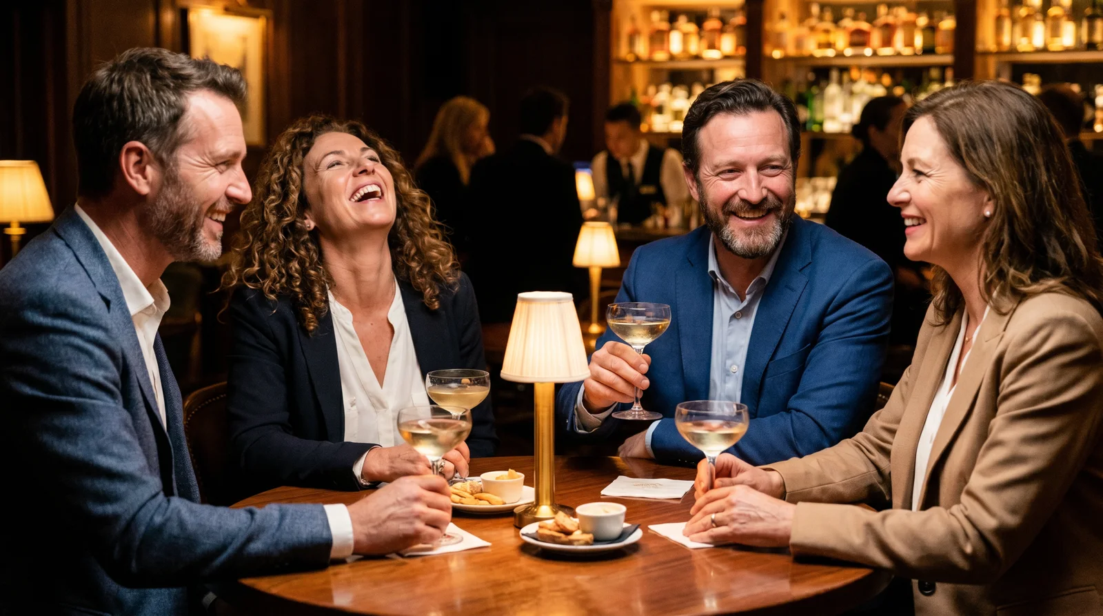 People in their 40s and 50s laughing over wine at an upscale lounge