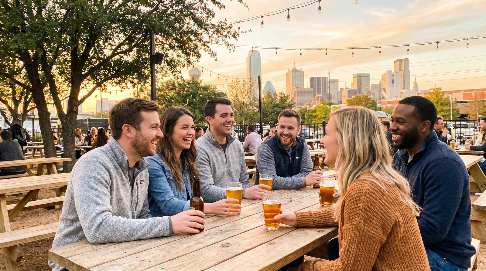 Crowd of young professionals socializing at a Dallas beer garden patio at golden hour with the skyline behind