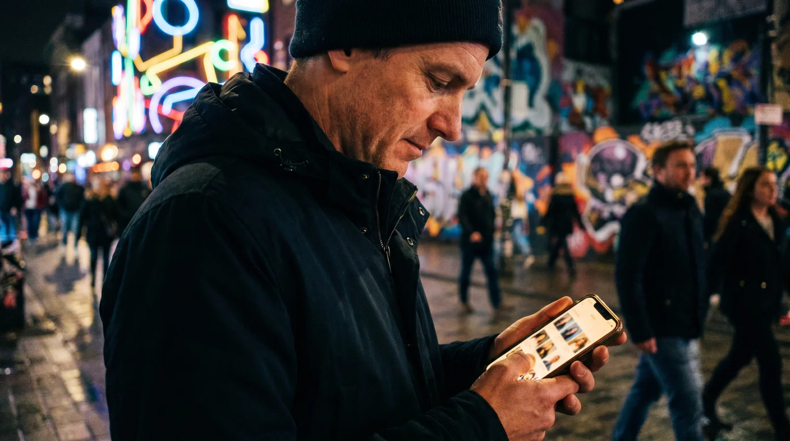 Man browsing dating profiles on a phone at night with Deep Ellum neon signs glowing behind him