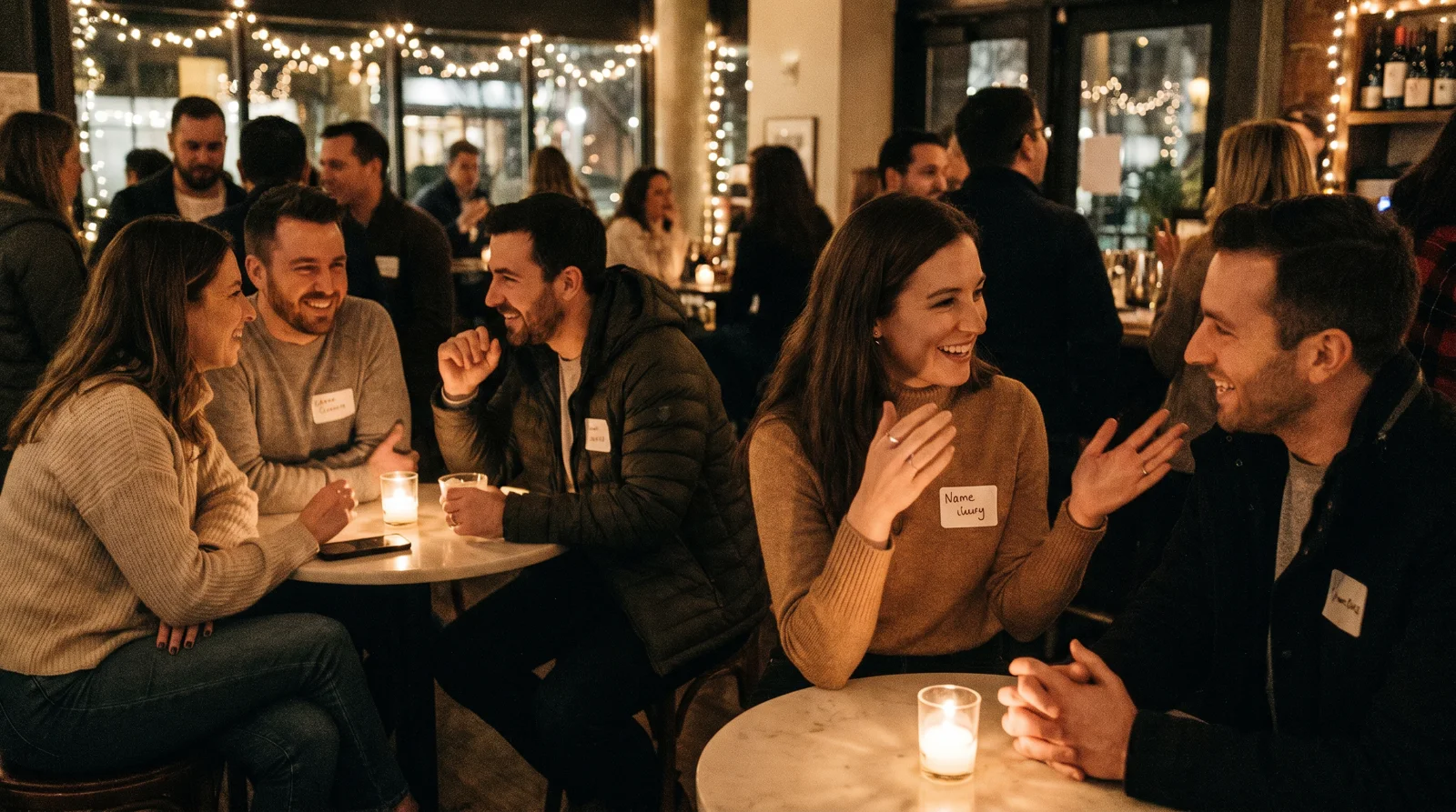 Pairs of people in conversation at small candlelit tables during a speed dating event