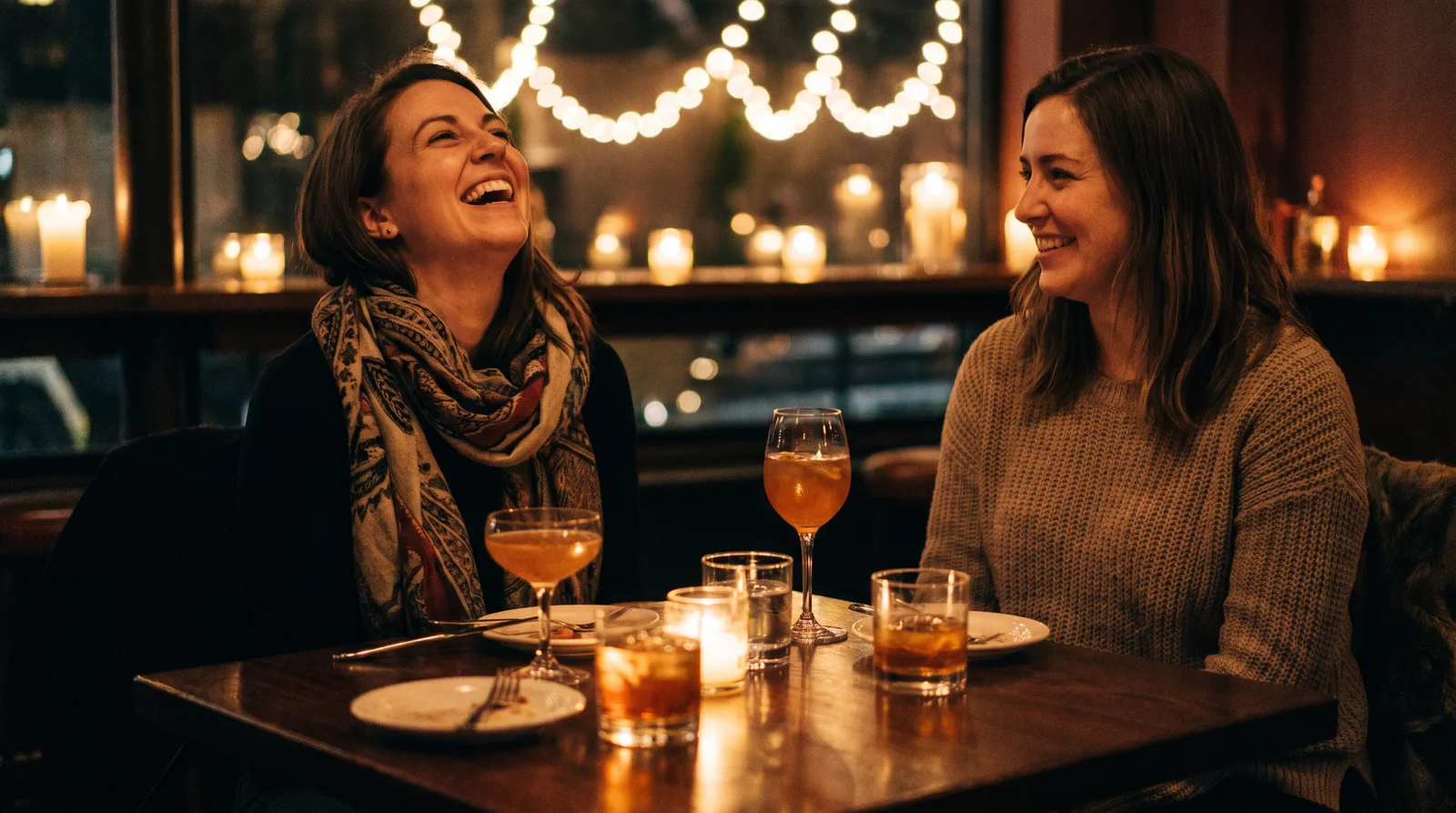 Three stylish women having wine and laughing at a warm-lit Dallas wine bar