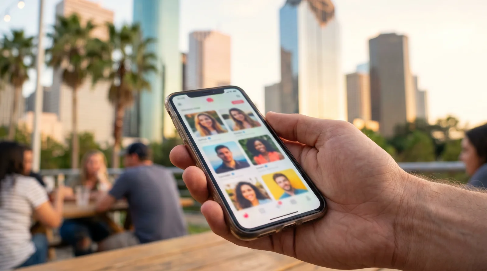 Hand holding a phone with a dating app open on a sunny Houston patio with the skyline behind
