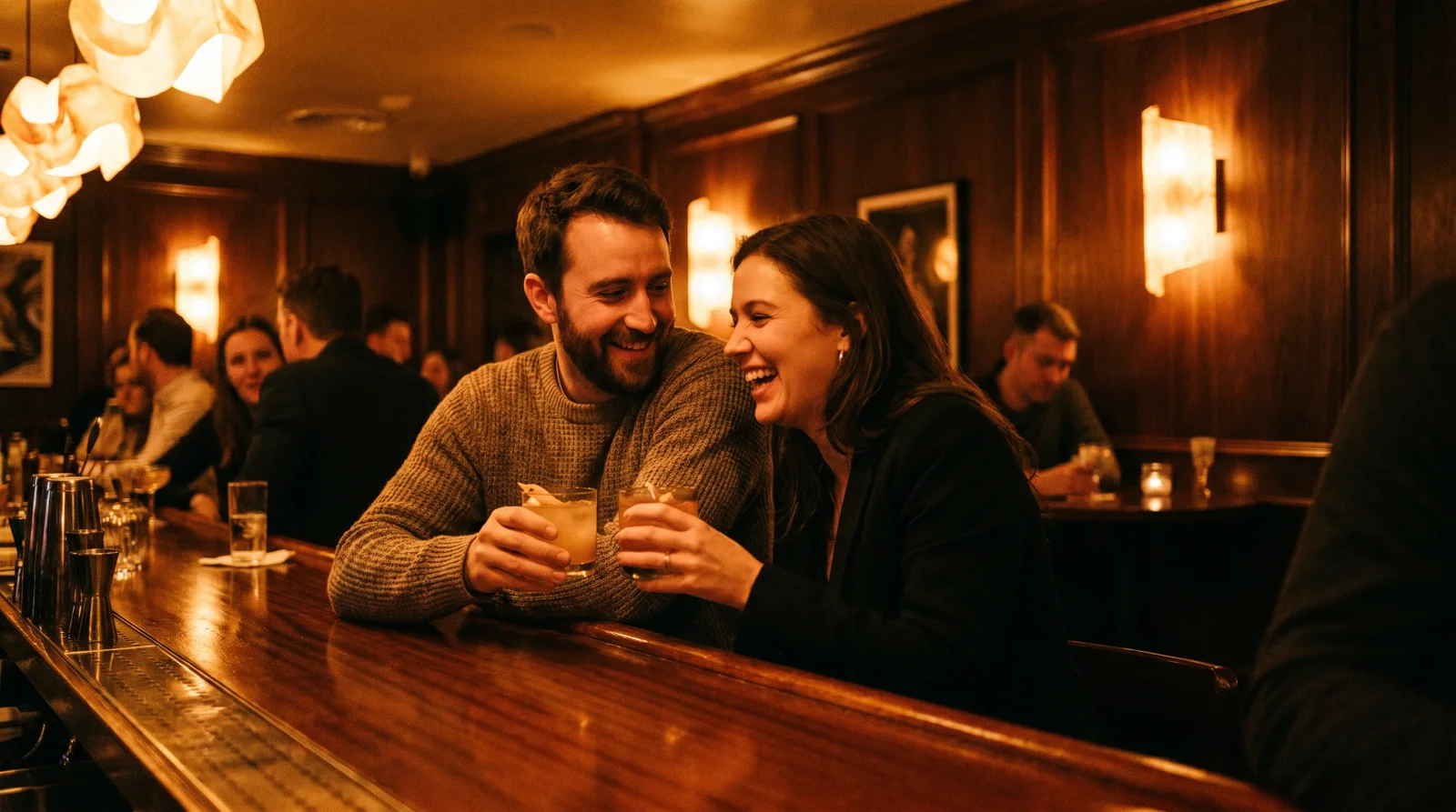 Man and woman laughing together over cocktails at a dimly lit Houston cocktail bar