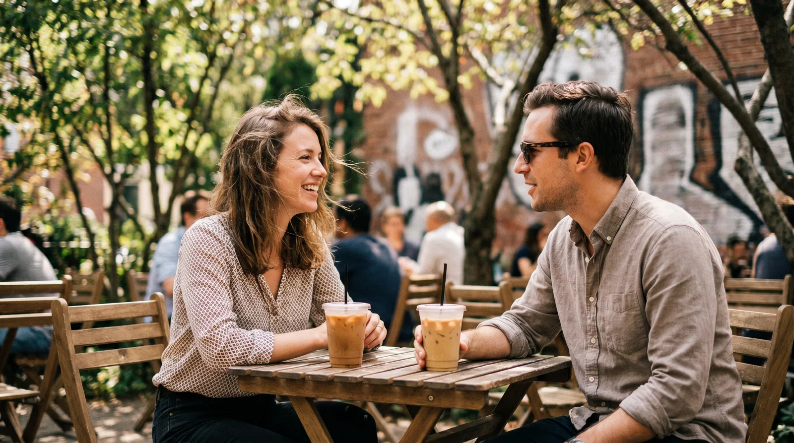 Man and woman on a relaxed daytime coffee date at a bright Houston cafe patio with greenery