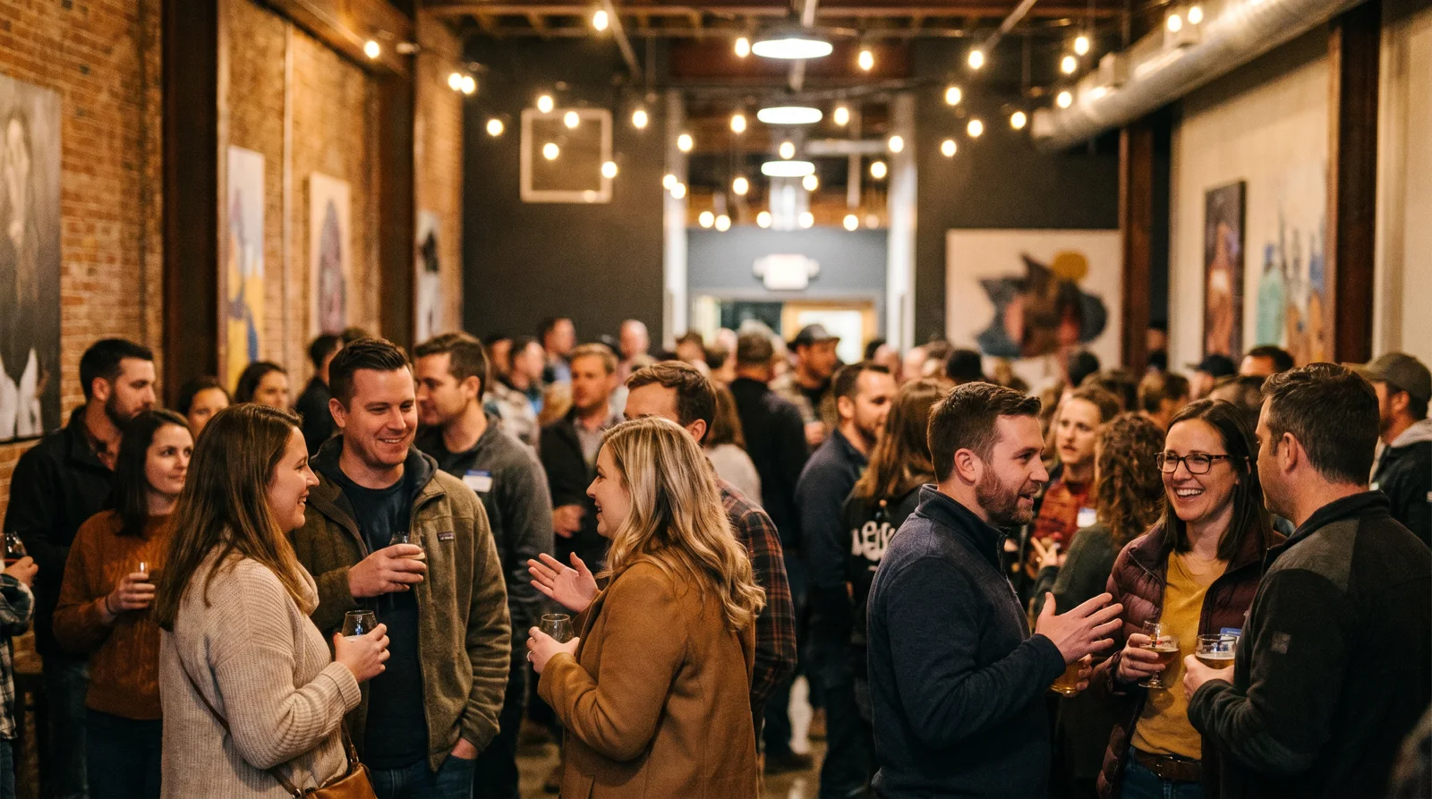 People mingling with drinks at a lively indoor singles mixer under string lights