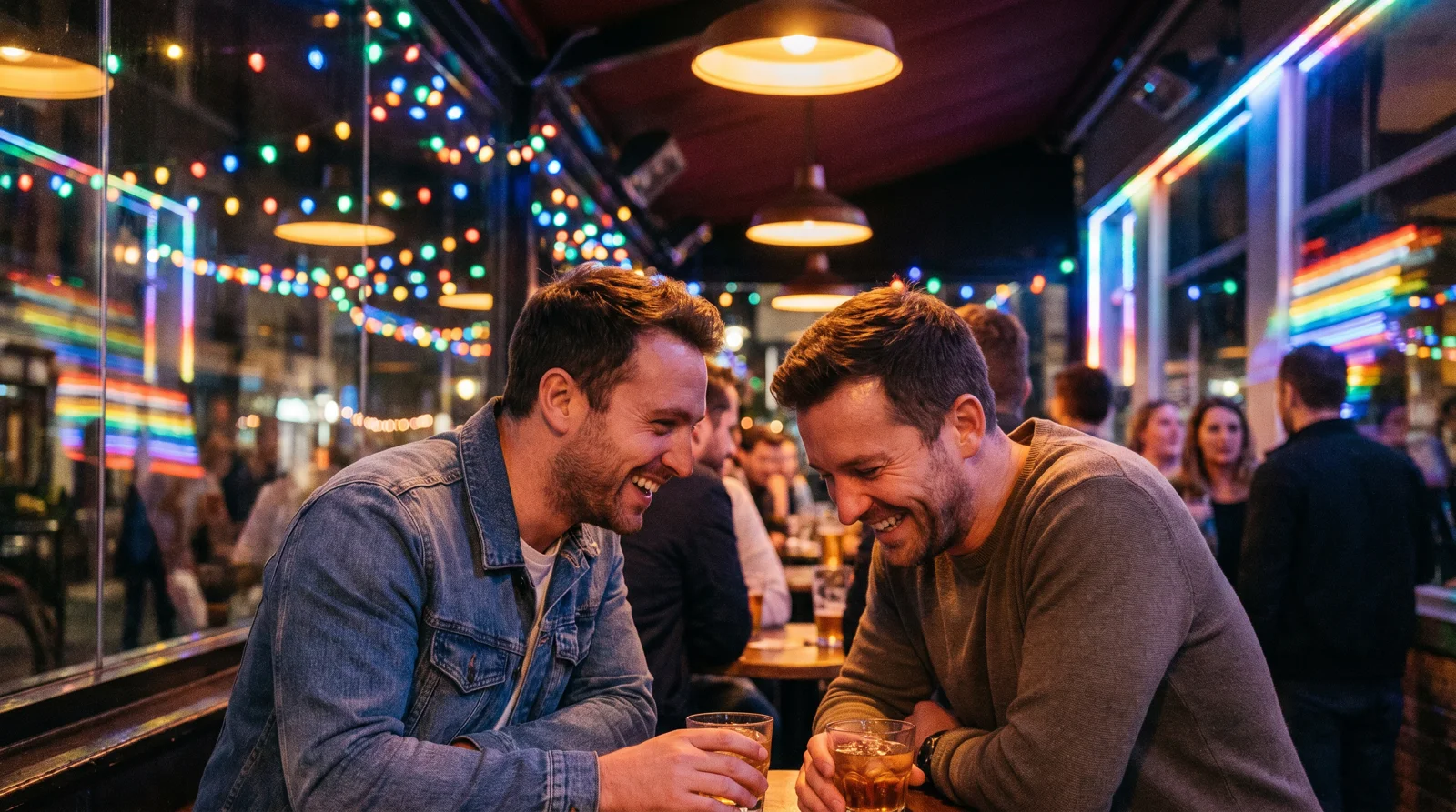 Two men laughing over cocktails at a stylish colorful bar
