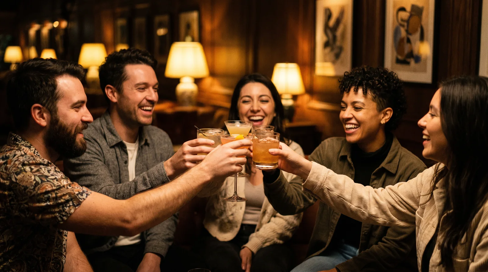 Diverse group of friends toasting with cocktails at a warm upscale lounge