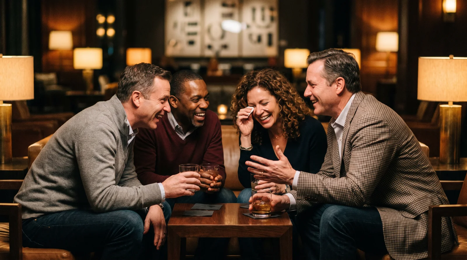 Well-dressed people in their 40s and 50s laughing over cocktails at an upscale lounge