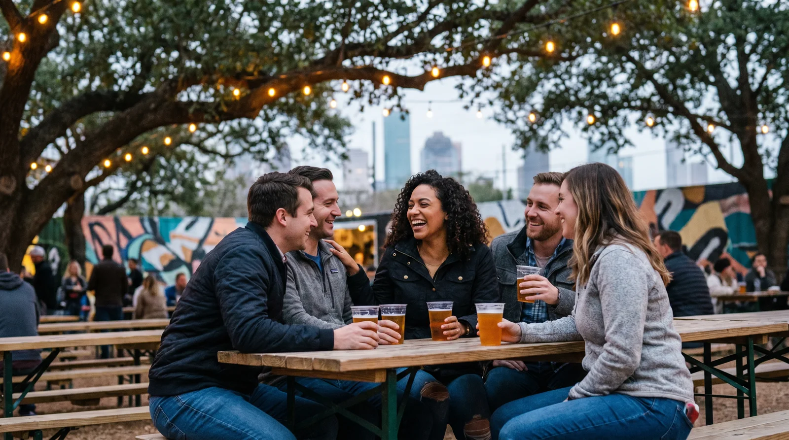 Crowd of young professionals socializing at a big Houston beer garden patio in the evening with the downtown skyline behind
