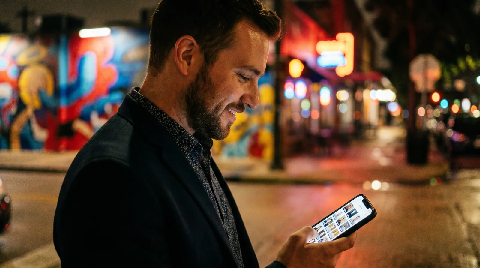 Man browsing dating profiles on a phone at night on a colorful Houston street with neon glow behind him