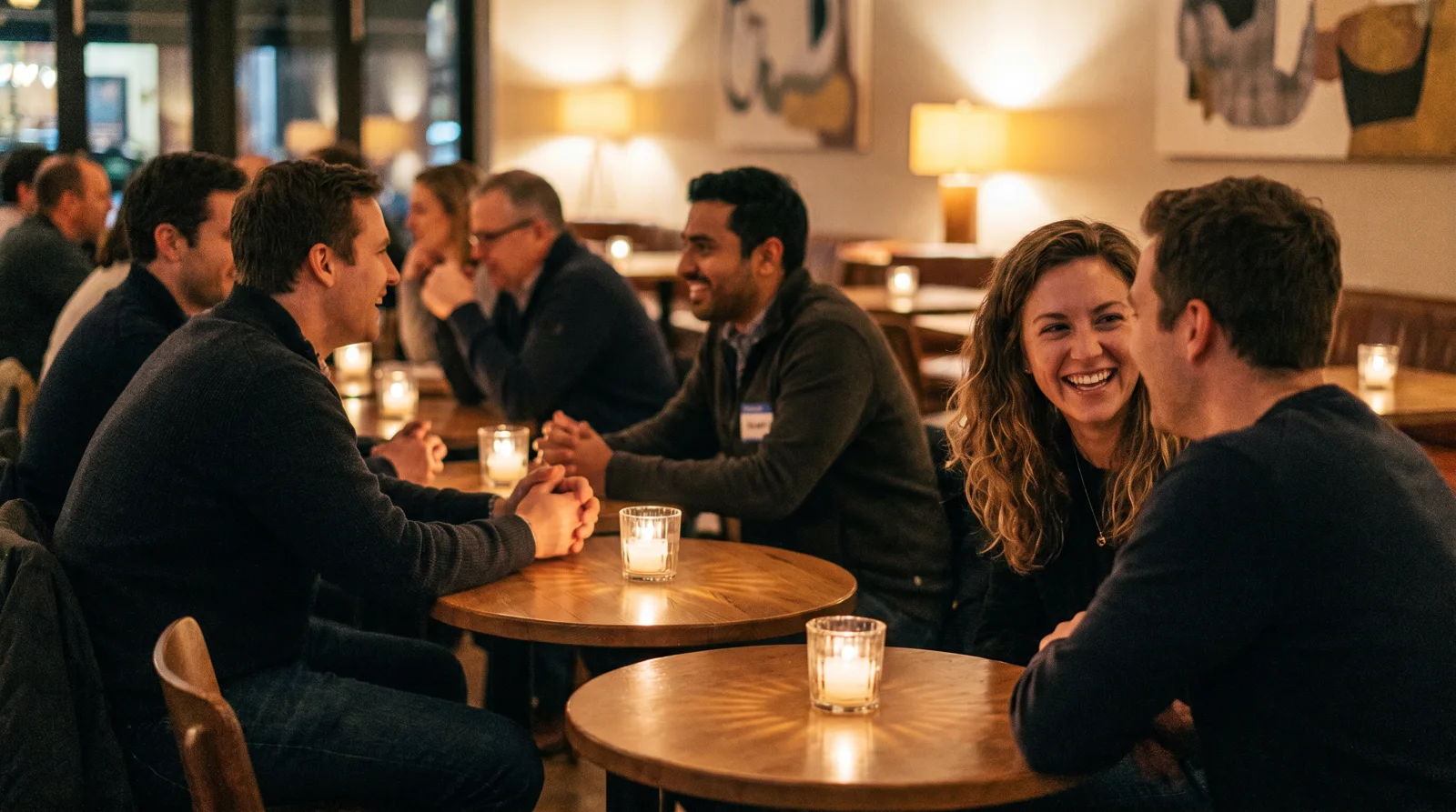 Pairs of people in conversation at small candlelit tables during a speed dating event
