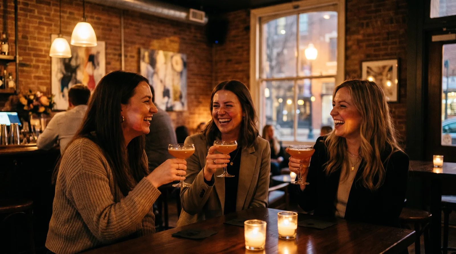 Stylish women having cocktails and laughing at a warm-lit Houston lounge