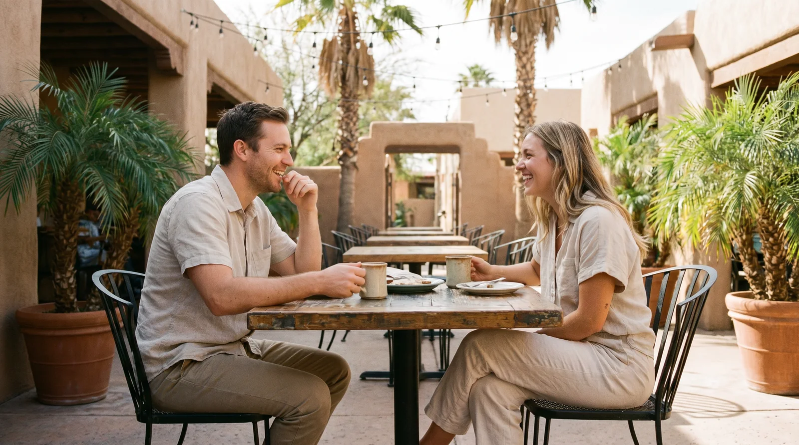 Man and woman on a relaxed daytime coffee date at a bright cafe patio with palm trees