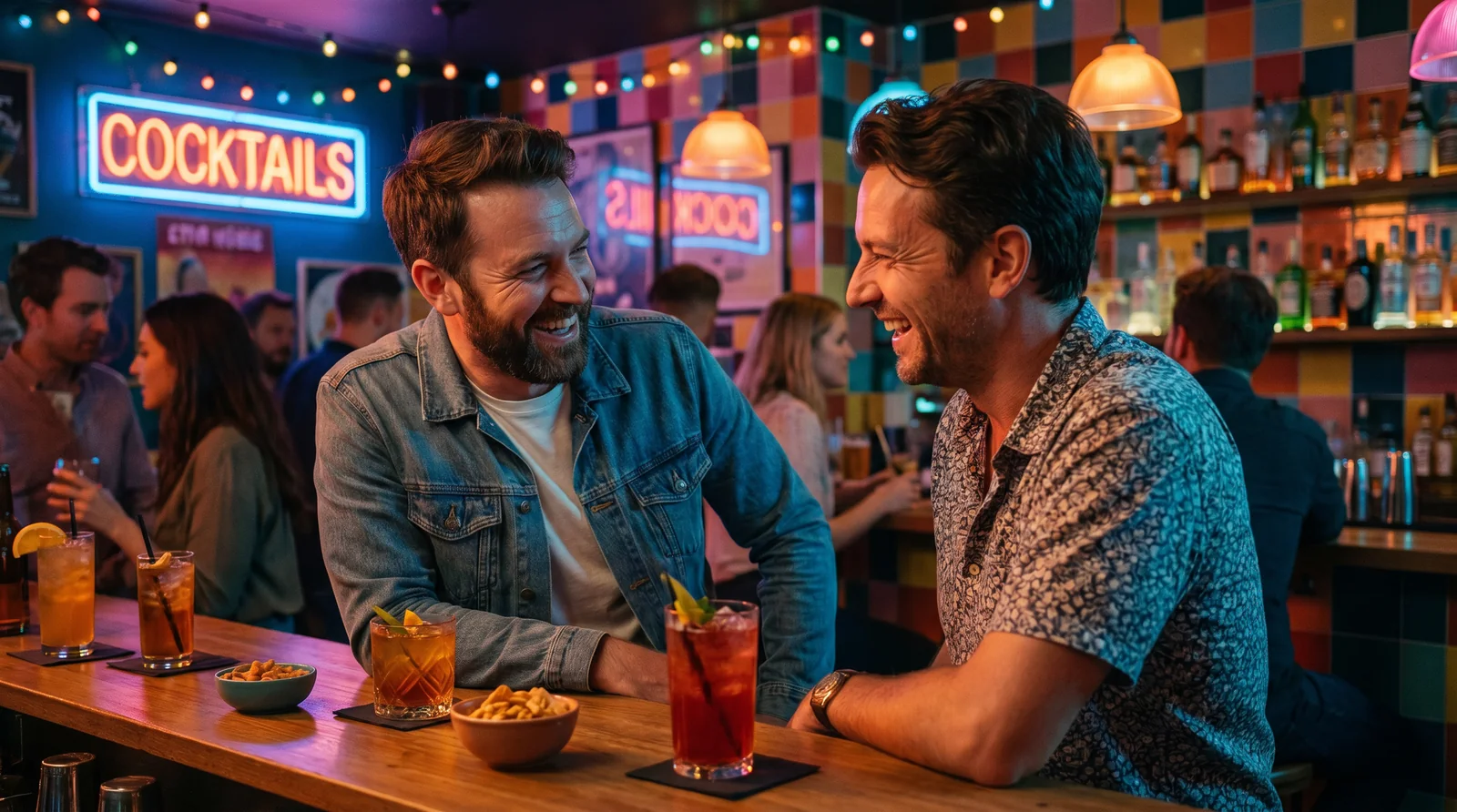 Two men laughing over cocktails at a stylish colorful bar
