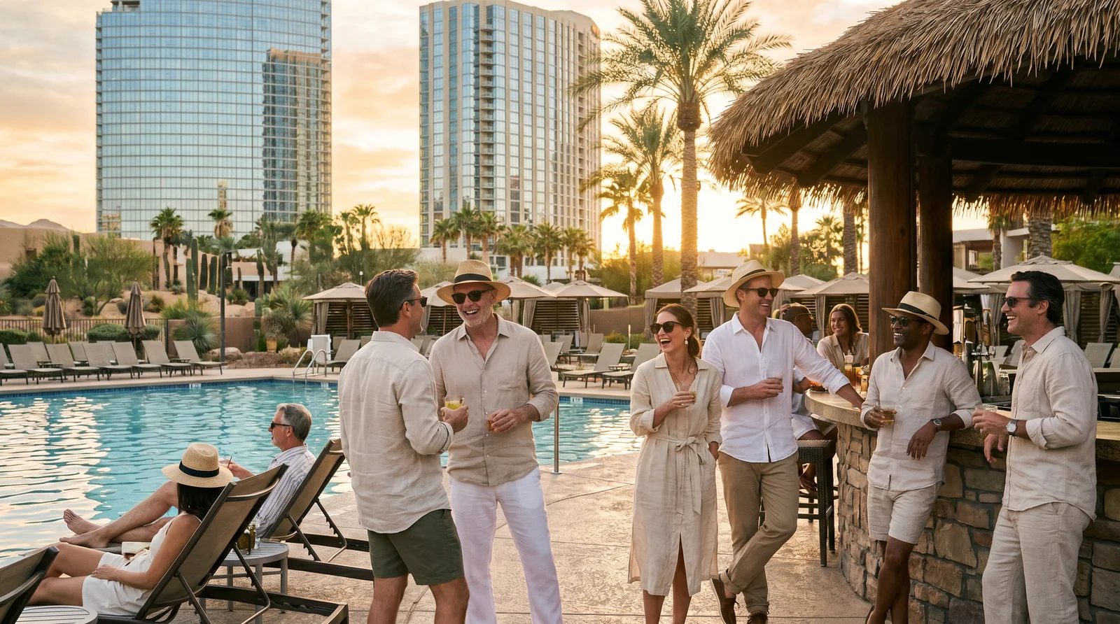 Adults having drinks at a resort poolside bar at golden hour with Las Vegas hotel towers behind