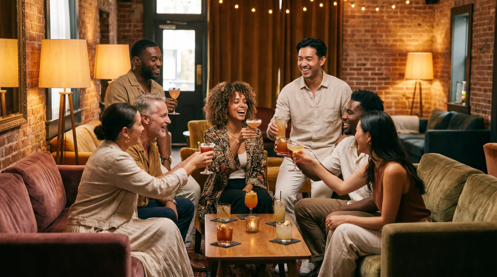 Diverse group of friends toasting with cocktails at a warm upscale lounge