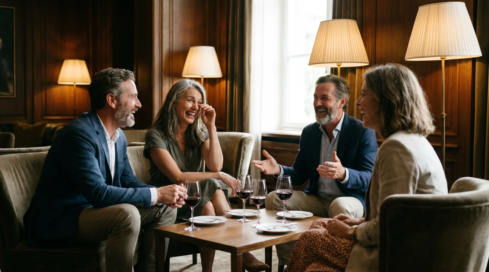 People in their 40s and 50s laughing over wine at an upscale lounge